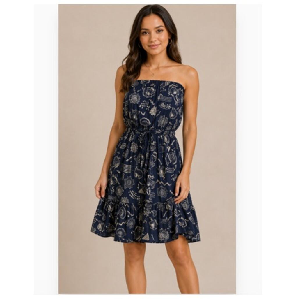 Elan Strapless Dress Womens Small Seashell Print Adjustable Waist Tie Sundress